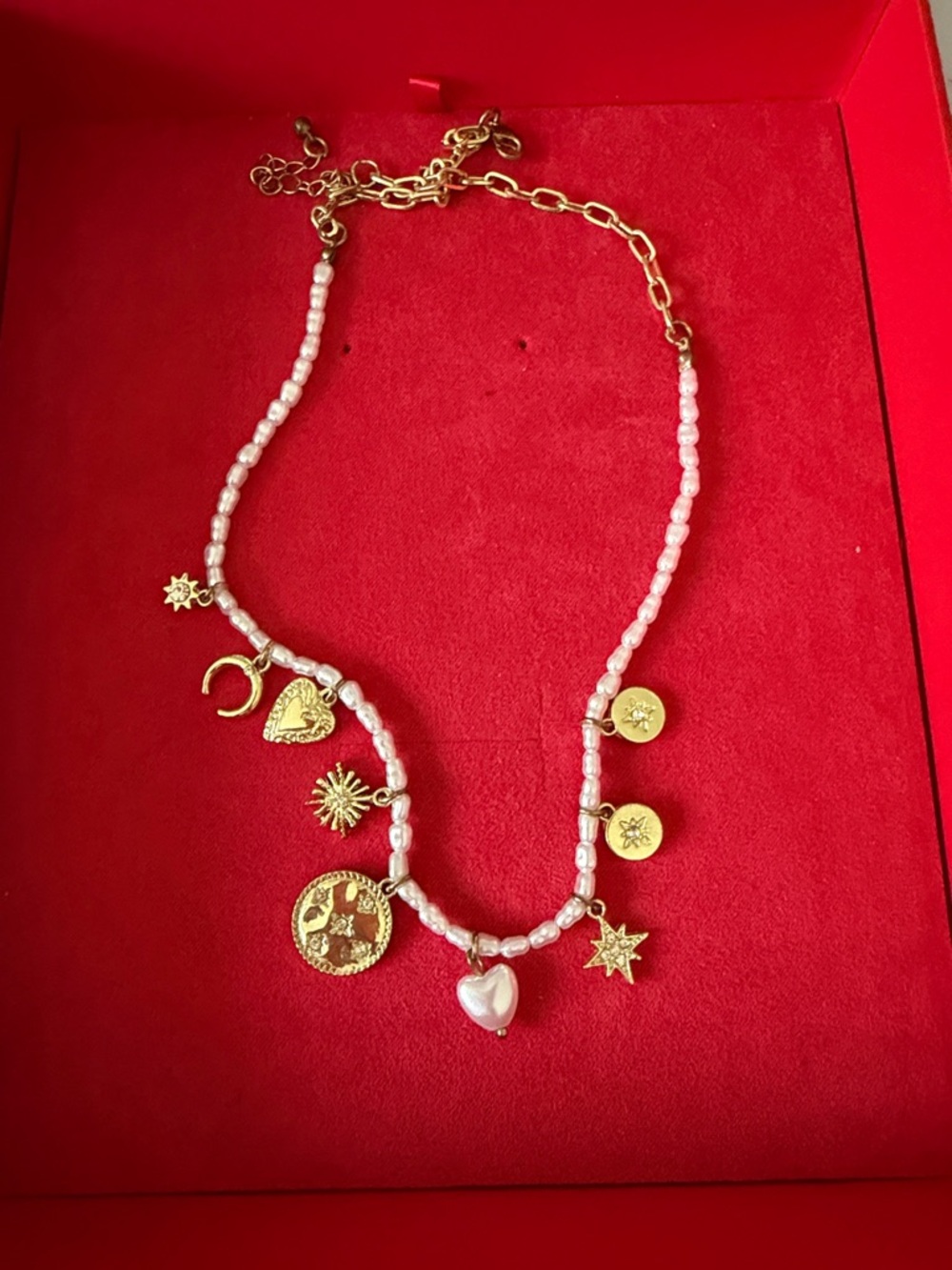 Gold & Pink Beaded Charm Necklace - Women Jewelry